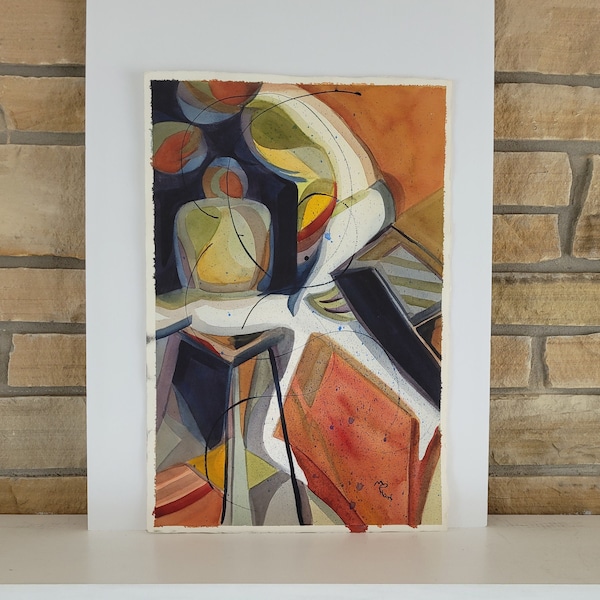 Original Abstract Watercolor Painting by Artist M Hart - Figural Wall Art Bright Colors - Tall and Narrow Painting of Human Figures Unframed