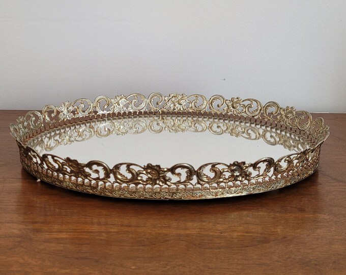Vintage Gold Metal Oval Vanity Mirror Tray for Tabletop or Wall Frosted