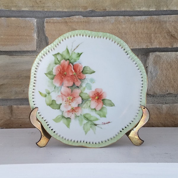 Vintage Porcelain Plate Hand Painted and Signed - Reddish Pink Wild Roses Pale Green Leaves - Gold Trim and Reticulated Edge - Brass Stand