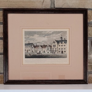 Antique 1817 Engraving of London View of Merchant-Taylors Hall w/Almshouses on Threadneedle Street Brown Wood Frame British History Wall Art