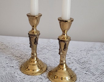 Vintage Solid Brass Candlestick Holders with Rope Tassels, Made in India