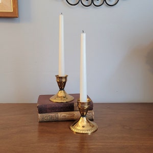 Vintage Pair Brass Candlestick Holders with Aged Patina Eclectic Gold Metal Candlesticks Thanksgiving Christmas Holiday Table Wedding Decor
