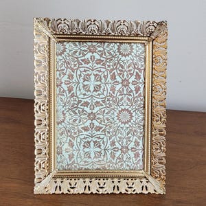 Vintage Ornate Gold Tone Metal Photo Picture Frame for 5x7 w/ Glass & Fold Out Stand - Filigree Design 1960s MCM Eclectic Decor