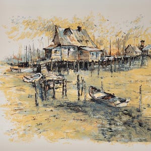 以下が含まれることがあります： 印象派の絵画で、杭の上に建てられた風化した木造の家がある海岸の風景を描いています。いくつかの小さなボートが桟橋の周りに散らばっています。色使いは、落ち着いた黄色、青、茶色で、静けさを感じさせます。