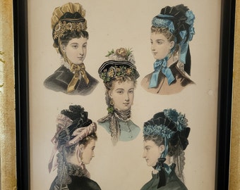 Lámina de moda francesa enmarcada de 1873 – La Mode Illustrée, Sombreros de señora
