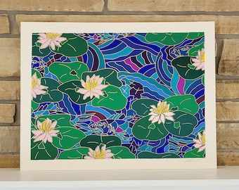 Alex Echo Serigraph: Waterlilies and Fish, Modern Pop Art, Signed