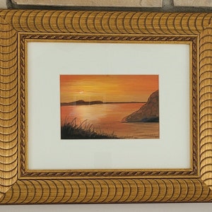 Vintage Original Watercolor Painting of a Sunset over Water in Gold Frame - Landscape with Lake or Coastal Scene - Orange Yellow Clouds