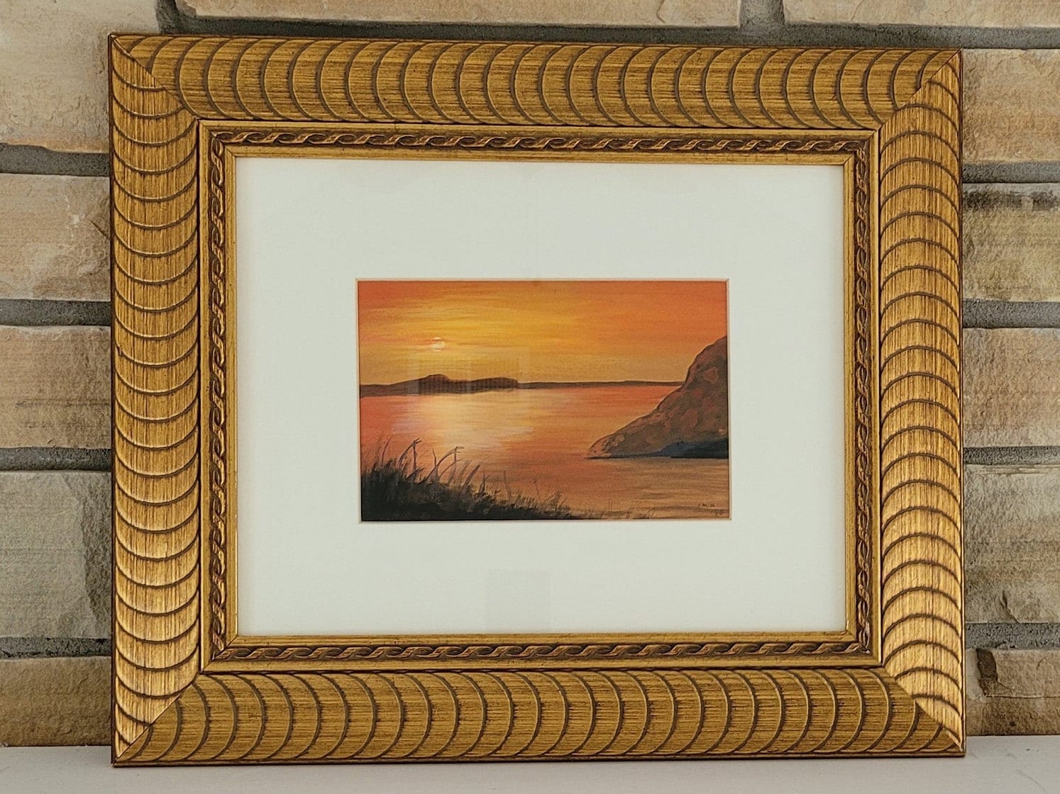 ヴィンテージの夕焼け水彩画 - 額入り海岸風景画 - Etsy 日本