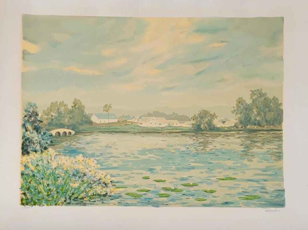 Large Vintage Serigraph French Village on River Landscape by Roulin ...