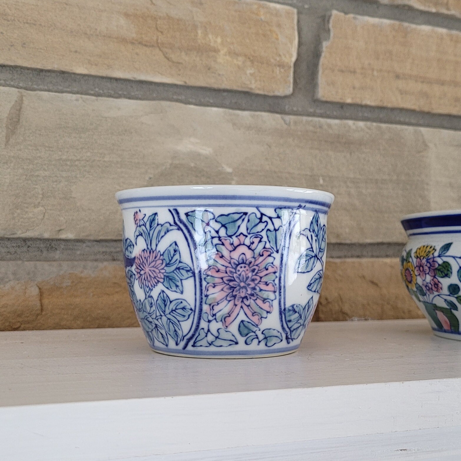 Vintage Pair Small Porcelain Planters Blue and White Floral Etsy