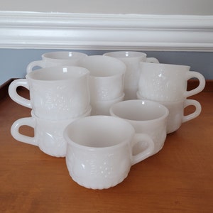 1950s Set Milk Glass Punch Bowl Cups - 12 count w/Hooks - Jeannette Glass Della Robia Embossed Fruit Pattern  - Mid Century Wedding Holiday