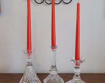 Vintage Set of Three Clear Glass CandleHolders for Tapers; Eclectic Holiday/ Wedding Table Decor
