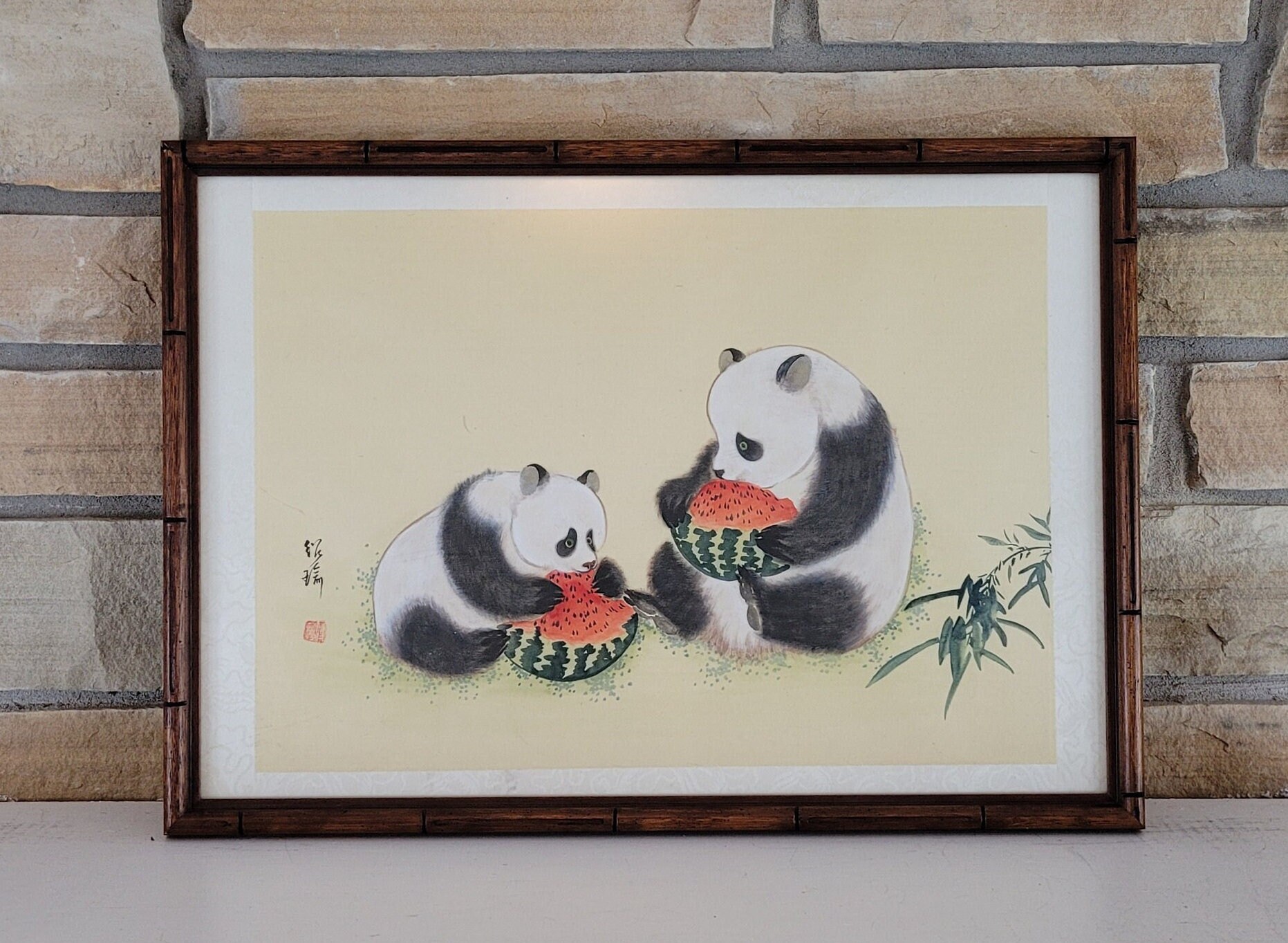 ヴィンテージ中国パンダ絵画 - 水彩画、フェイク竹フレーム - Etsy 日本