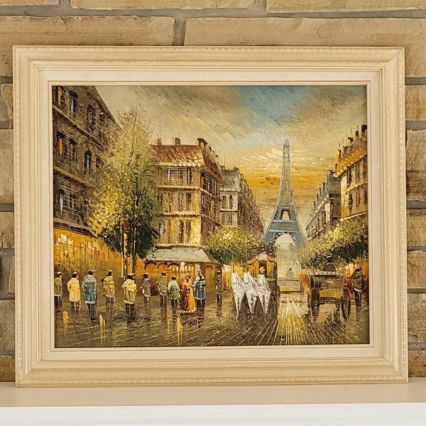 Original French Impressionist Oil Painting on Canvas in Frame -Paris Street Scene w/ Eiffel Tower -People Horses Buggies -European Cityscape