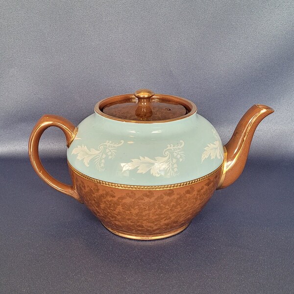 Vintage Blue and Brown Sadler Teapot #2635 with Gold Trim and Acanthus Leaf Design Made in Staffordshire, England -Porcelain Ceramic Pottery