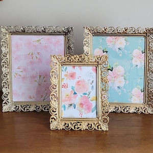 Vintage Set Ornate Gold Tone Metal Photo Picture Frames with Glass and Fold Out Stand Ivory Frosted Filigree Design 1960s MCM Eclectic Decor