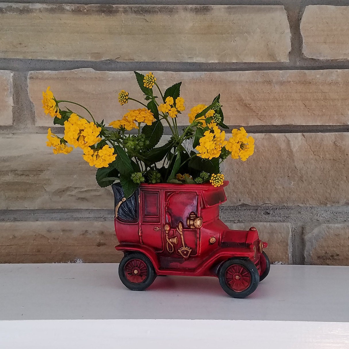 Vintage Ceramic Antique Car Planter Vase Red and Black Etsy