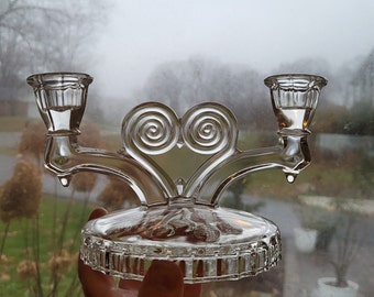 Vintage Art Deco Clear Pressed Glass Candelabra CandleHolder w/Two Candle Cups for Tapers - Heart Shape in Center -Eclectic Table Decor