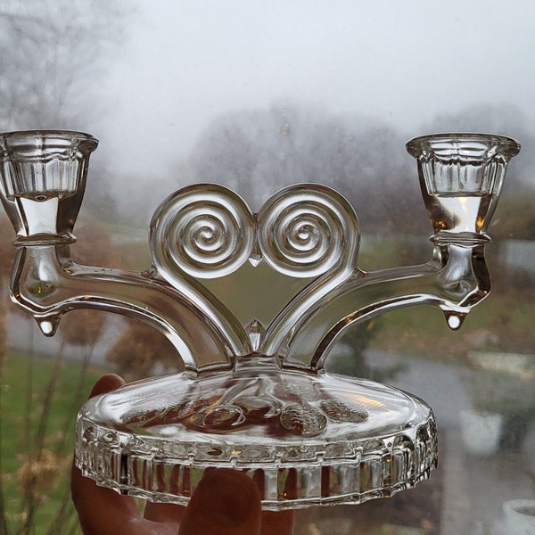 Vintage Art Deco Clear Pressed Glass Candelabra CandleHolder w/Two Candle Cups for Tapers - Heart Shape in Center -Eclectic Table Decor