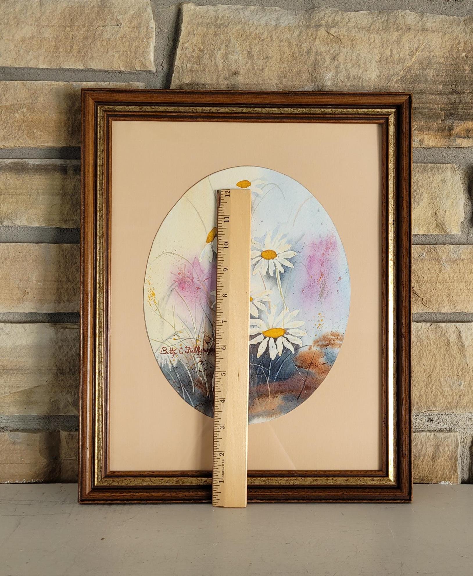 ヴィンテージオーバルデイジー水彩画 - サイン入り花のアート、額入り