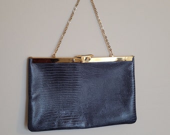 Vintage Etra Navy Leather Clutch Handbag, Reptile Embossed with Brass Clasp