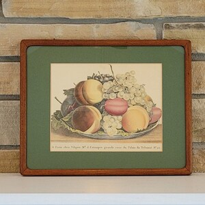 May include: A framed vintage print of a still life featuring a bowl of fruit. The fruit includes peaches, plums, and grapes. The print is in a wooden frame with a green mat.