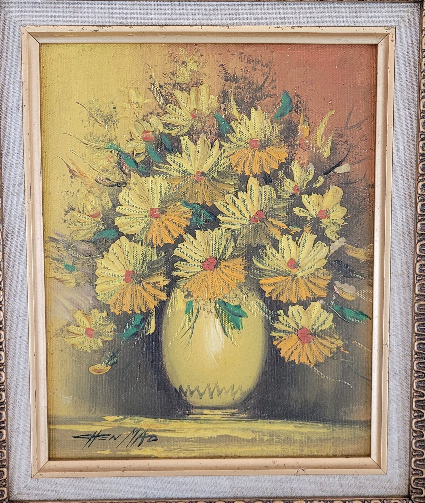 1960年代の花の油絵、陳茂派、パレットナイフ、金枠 - Etsy 日本