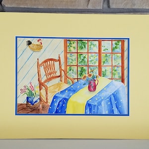 Original Watercolor Painting - Still Life Sunflowers in Vase on Table with Chair and Window -Bright Colors Yellow Blue 16 x20 Ready to Frame