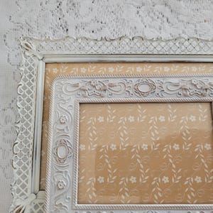 Vintage Mix Match Pair White and Gold Metal Photo Picture Frames w/ Ornate Design -Glass and Fold Out Stands-Wedding Bridal Pics -5x7, 3.5x5