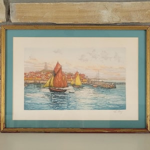 Vintage Aquatint Etching - Sailboats at Harbor in a Coastal Village in France -Pencil-Signed &quot;Le Bris&quot; -Gold Frame -French European Wall Art