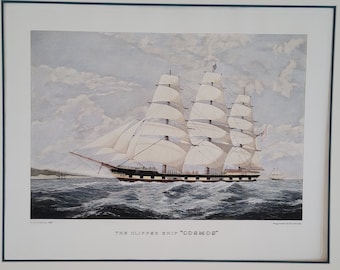 Vintage Hand-Colored Lithograph of The Clipper Ship Cosmos by Dutton and Duncan - Nautical Wall Art Seascape Matted and Ready to Frame