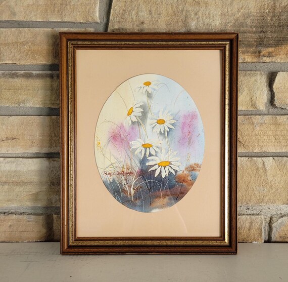 ヴィンテージオーバルデイジー水彩画 - サイン入り花のアート、額入り