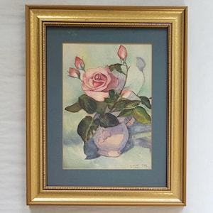 1956年 ピンクのバラの水彩画（金枠入り）；花瓶に入った花 ミッド