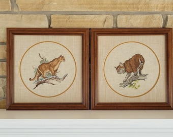 Vintage 1980s Needlepoint Art – Mountain Lion & Bobcat, Framed Wildlife Pictures