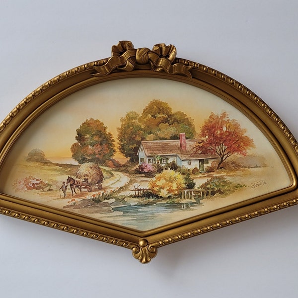 Vintage Homco herfstoogst foto in sierlijke waaiervormige gouden frame- oude boerderij, herfstbomen paard en wagen met hooi, land Americana