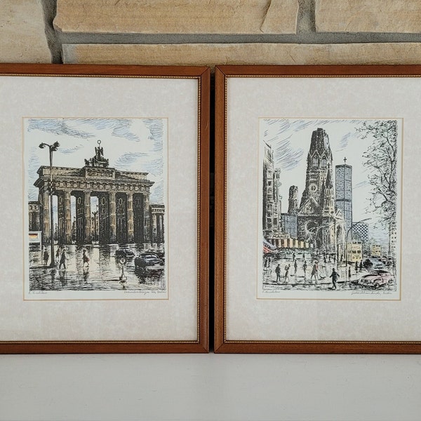 Vintage Pair Mid-Century Watercolor Prints Pencil-Signed by Erhard Kirschstein- Brandenburg Gate & Kaiser Wilhelm Church from Berlin Series