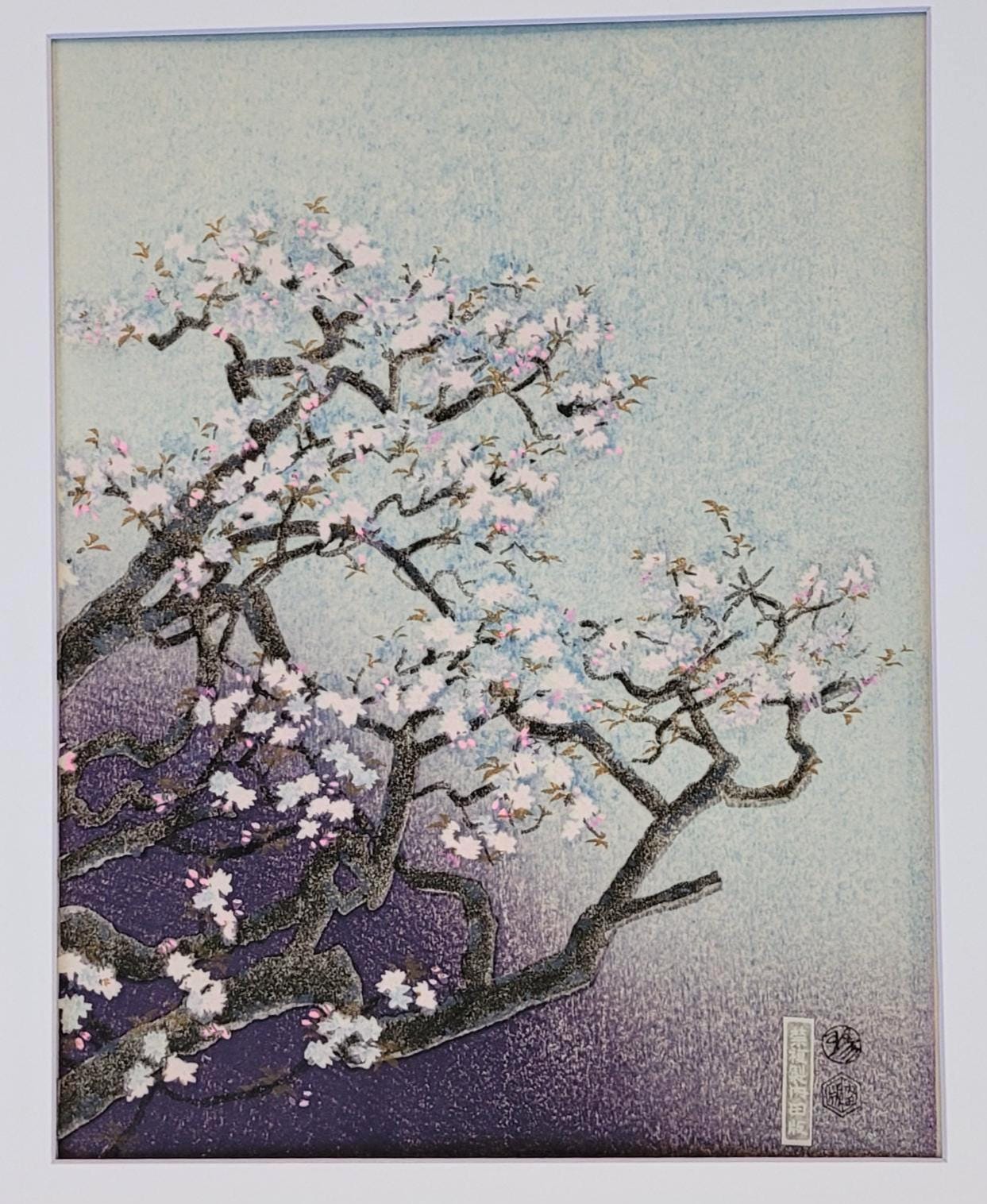Vintage Japanese Cherry Blossoms Woodblock Print by Eiichi