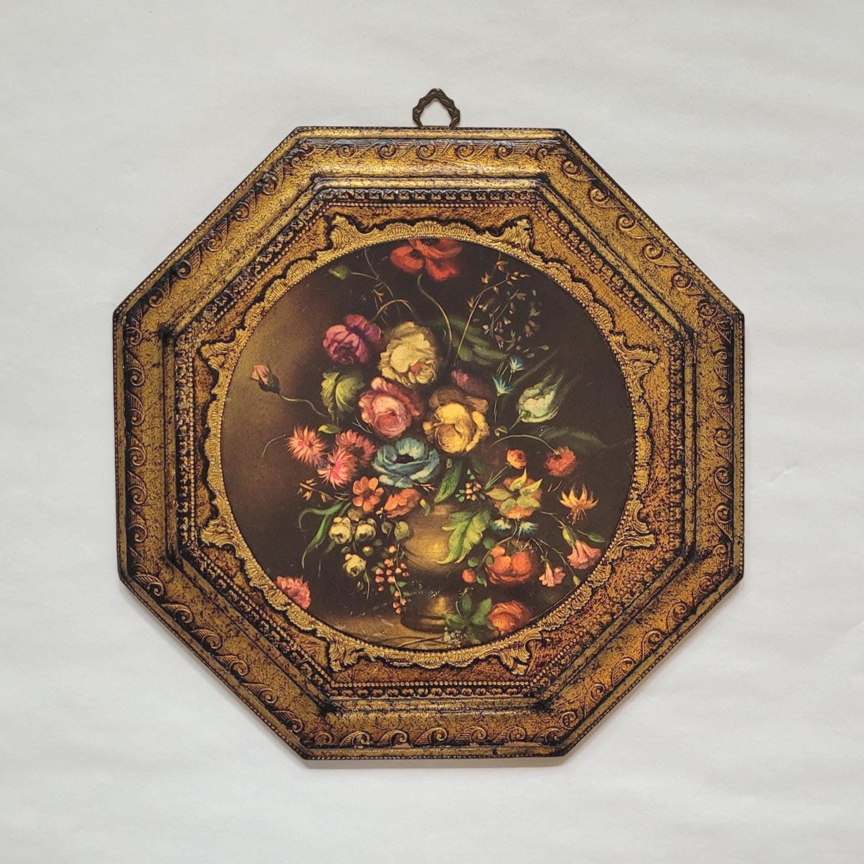 バラの花 八角形 木製プレートデコパージュ作品 バラの花 八角形 木製