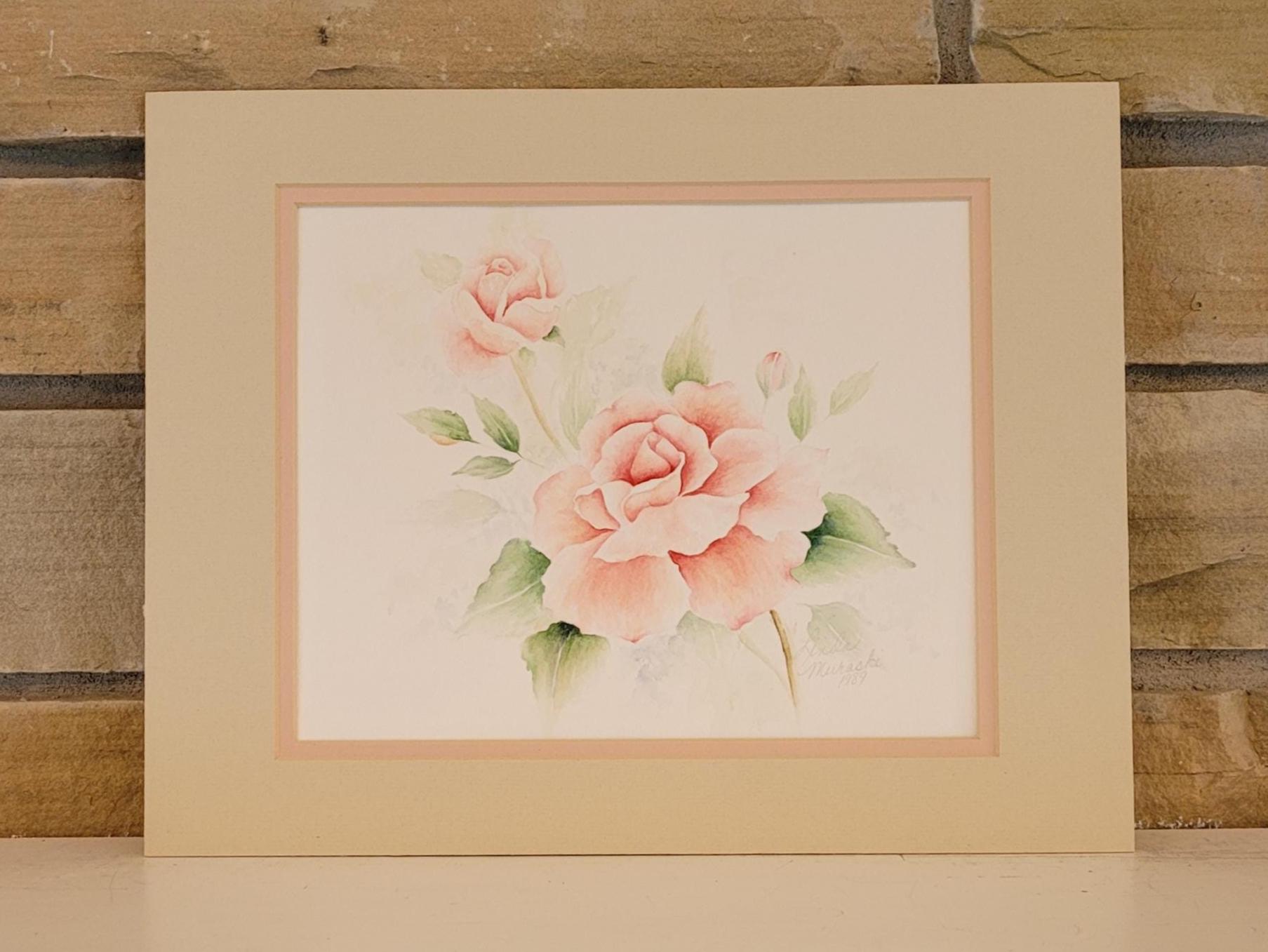 1989 Pink Roses Watercolor Painting Matted to 11x14; Vintage Floral Art ...