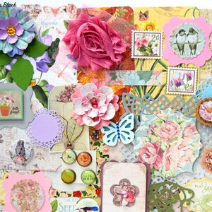May include: A scrapbook page with a variety of floral and nature-themed embellishments, including flowers, butterflies, birds, and leaves. The page is decorated with a variety of colors, including pink, blue, green, and yellow. The page also includes a few small squares with text, including "Hello Friend" and "For You".