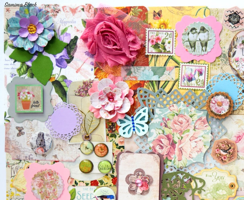 May include: A scrapbook page with a variety of floral and nature-themed embellishments, including flowers, butterflies, birds, and leaves. The page is decorated with a variety of colors, including pink, blue, green, and yellow. The page also includes a few small squares with text, including "Hello Friend" and "For You".
