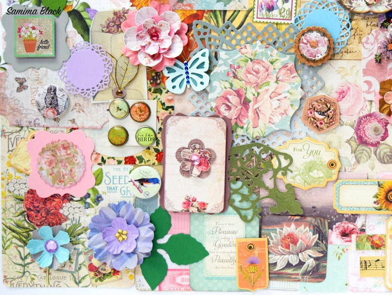 May include: A collection of paper craft embellishments featuring floral designs, butterflies, birds, and the text "The Be Seed That Gr", "Birds", and "For You".