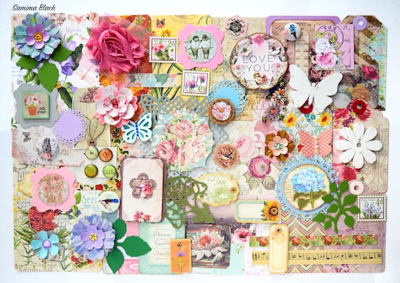 English Garden Junk Journal Kit, 85+ Piece Supplies, Ephemera, Embellishments, Paper Flowers, Grab Bag