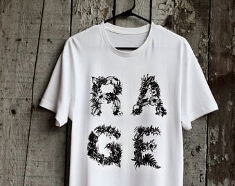 RAGE silkscreen t-shirt / 100 % white cotton Unisex Tee / Original illustration / Screen printed T-Shirt / Floral Letter Typography Print