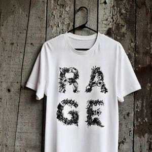 RAGE silkscreen t-shirt / 100 % white cotton Unisex Tee / Original illustration / Screen printed T-Shirt / Floral Letter Typography Print