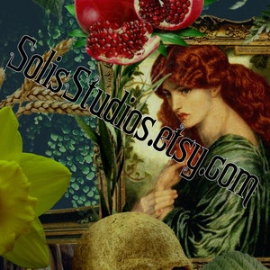 Könnte beinhalten: Eine Collage im Vintage-Stil mit einem Schädel, einer gelben Narzisse, einer Maisähre, einem Granatapfel und einem gerahmten Porträt einer Frau mit roten Haaren. Der Text "Solis Studios.etsy.com" ist im Bild sichtbar.