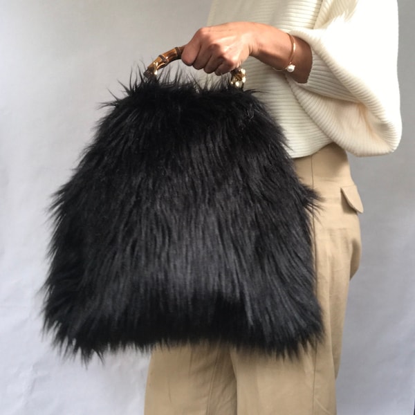 Faux Long Fur Black Bag with Bamboo Handle  Medium size