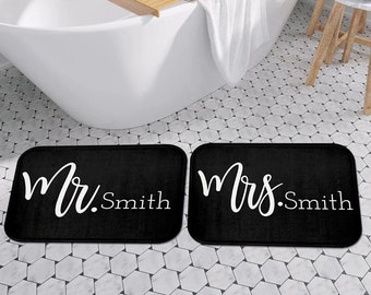 Personalized Mrs. and Mr. Matching Bath Mats | Couples' Gift Ideas | Family Name Gift | Black & White Bathroom Décor | Shower Bath Mat