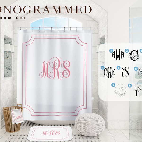 Custom Monogrammed Bathroom Set | Personalized Initials Shower Curtain+Bath Mat+Bath Towel | Custom Shower Decor | Available in Any Color