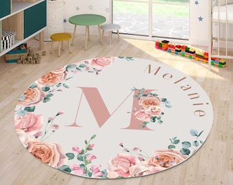 Custom Name Round Rug: Pink Floral Kids Room Decor